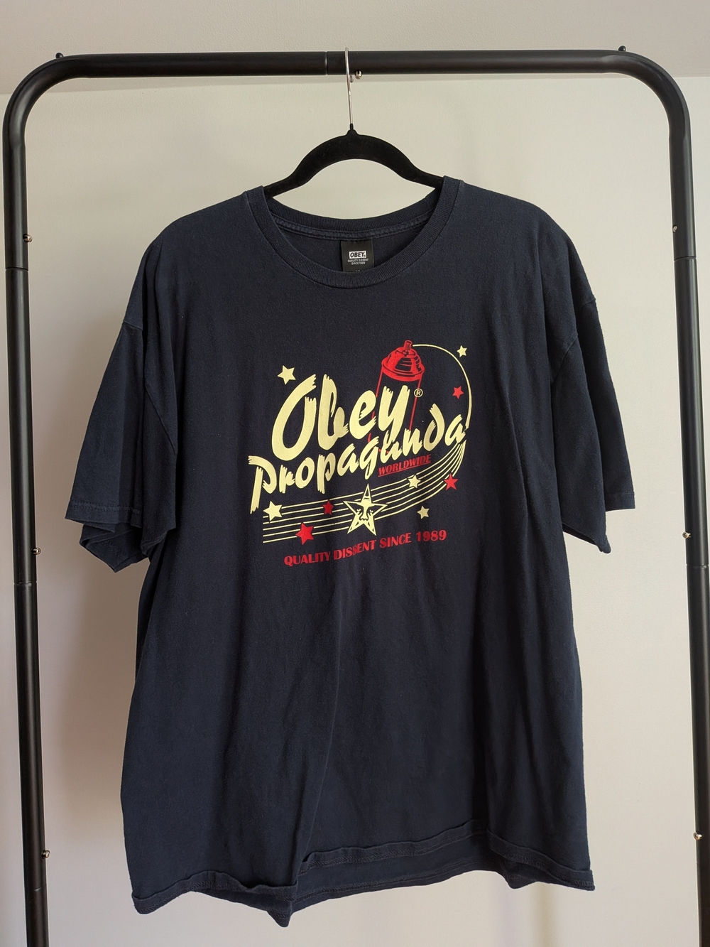 Obey Navy Short-Sleeve Tee with Yellow & Red Graphic